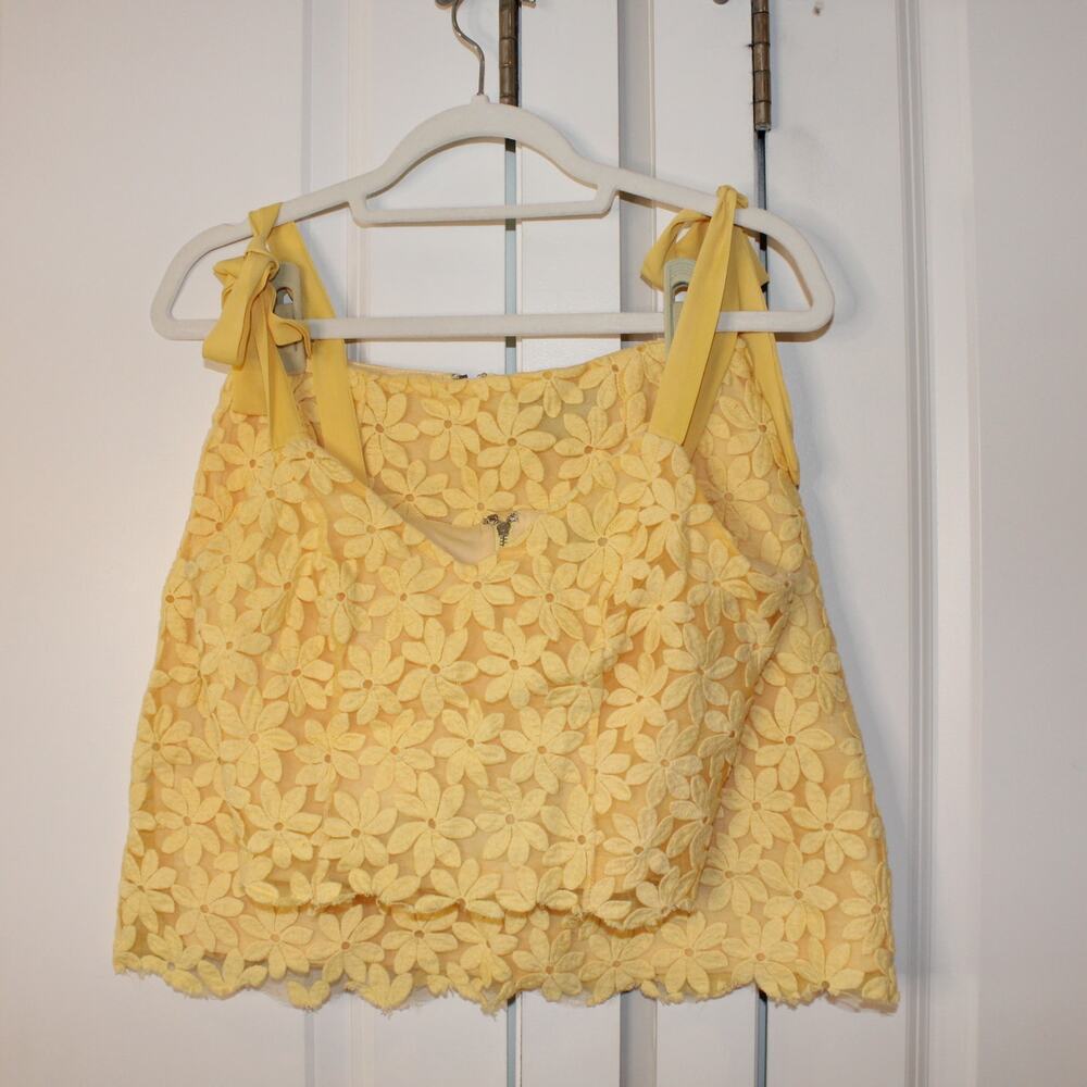 LULUs Spring It On Yellow Floral Embroidered Set Tie Strap Top Skirt | Small - Picture 2 of 13